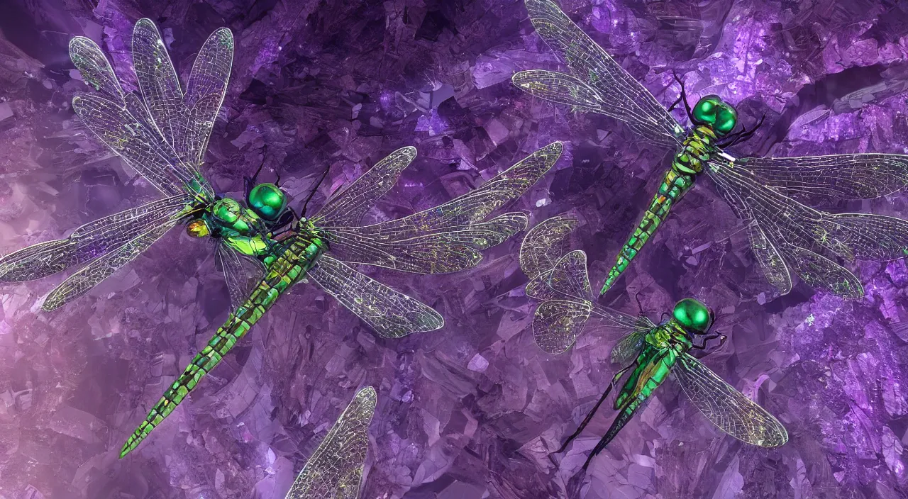 Image similar to a hi - resolution nature photograph of a dragonfly with wings made out of amethyst, flying over a cyber punk dystopian city. extremely detailed, mandelbulb 3 d, cinematic lighting