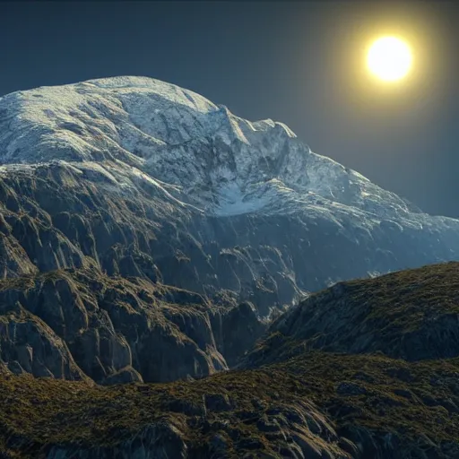 Image similar to small dark black solar eclipse above mountains, highly detailed, photorealistic shot, bright studio setting, studio lighting, crisp quality and light reflections, unreal engine 5 quality render