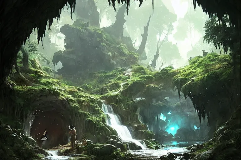 Prompt: 1 1 1 1 cave entrance surrounded by trees with a small water stream coming out of it, fantasy, highly detailed, art by greg rutkowski