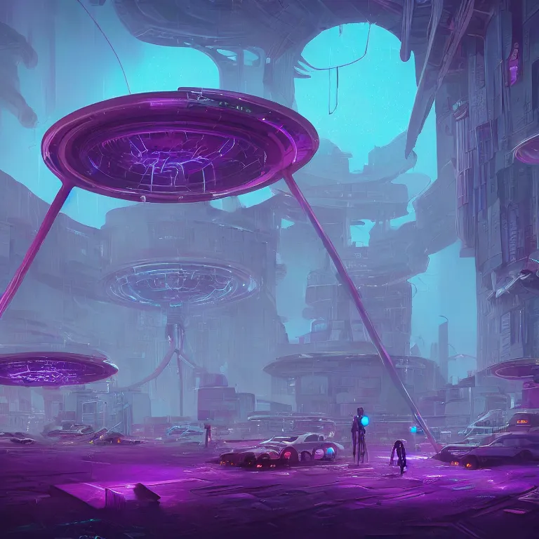 Image similar to a circle portal structure, cyberpunk, epic surrealism, indigo, purple, cyan, detailed digital matte painting in the style of simon stalenhag and painting by ralph mcquarrie