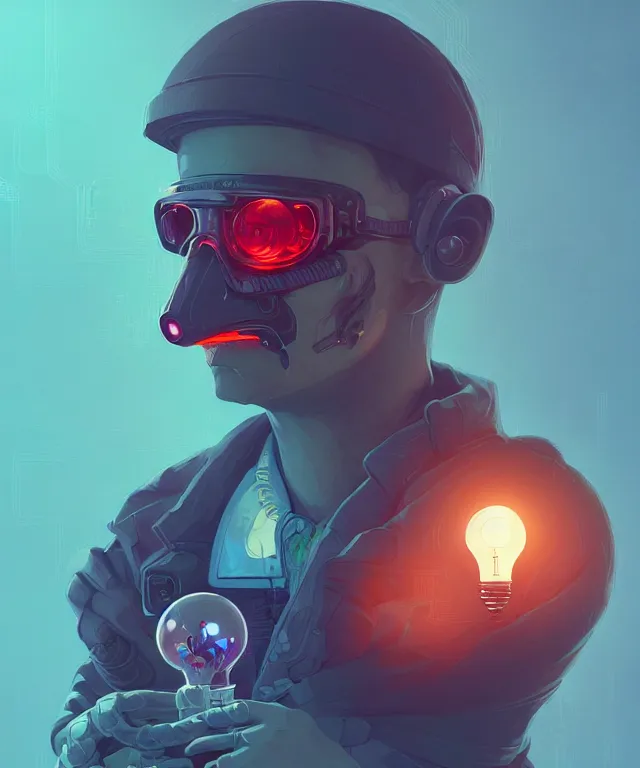 Prompt: a portrait of a cyberpunk chicken holding a light bulb, fantasy, elegant, digital painting, artstation, concept art, matte, sharp focus, illustration, art by josan gonzalez