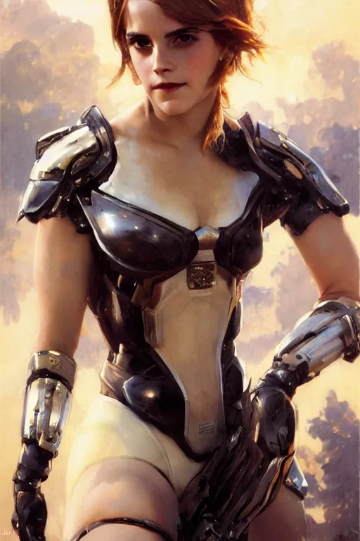 Prompt: emma watson smiling closeup portrait futuristic fractal fightsuit bustier armoured shorts gaston bussiere craig mullins j. c. leyendecker short wet hair