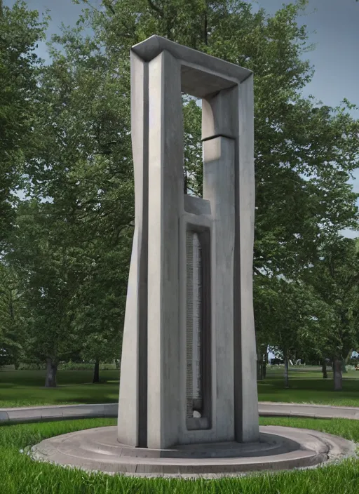 Image similar to highly detailed realistic architecture 3 d render of a futuristic stele monument in frank lloyd wright style standing in city park, archdaily, made in unreal engine 4 octane render