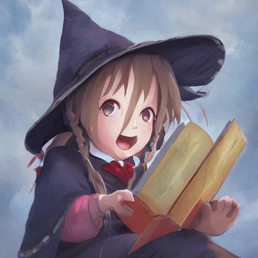 Image similar to little witch opening a book, artwork by cushart, krenz