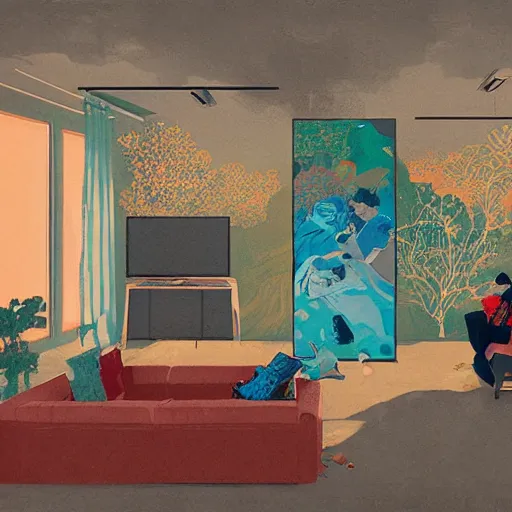 Image similar to illustration of a living room where there is a lot of painting canva displayed on the walls, by Victo Ngai and James Gilleard and Bruce Pennington