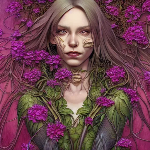 Image similar to a beautiful detailed front view portrait of a rotten woman corpse with plants and fractal flowers growing around, artgerm, joshua middleton comic cover art,