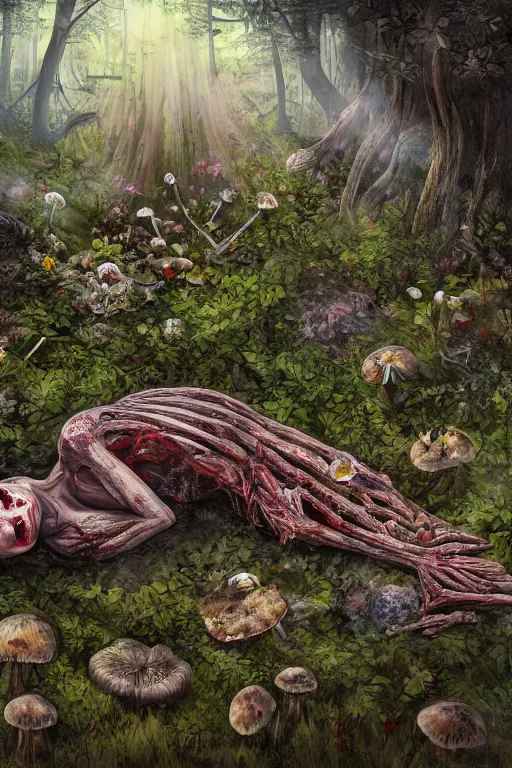 Image similar to dead body decaying on the forest floor, flowers and mushrooms grow from the body, god rays, concept art, painting