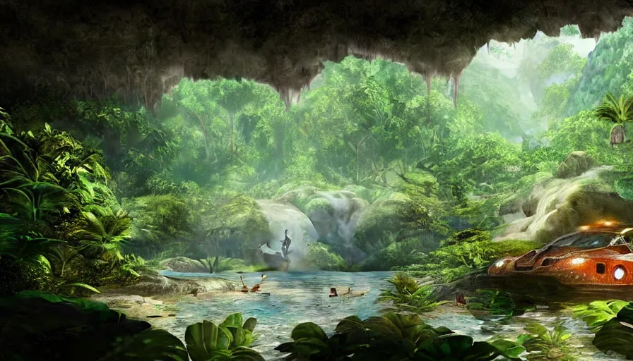 Image similar to a scifi flying car floating in a prehistoric jungle cave, lush flora, waterfall, sunset, hazy, volumetric lighting, rtx on, photorealistic render, great composition, very detailed