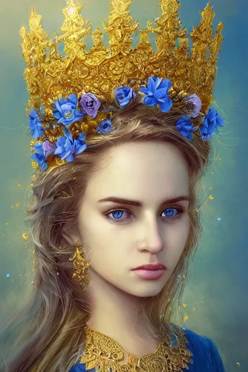 Image similar to a pale Persian girl with golden hair, floral crown, sad blue eyes, cinematic lighting, ultra detailed, highly detailed, sharp focus, golden background with flowers, golden jewellery with blue sapphires, photographic, art by artgerm and greg rutkowski and zdislav beksinski