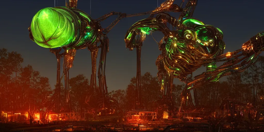 Image similar to giant glowing mechanical machine towering over alien forest, at night, ray tracing, refractive, award winning, trending on artstation, digital art. highly detailed 8 k. intricate. lifelike. soft light. nikon d 8 5 0.