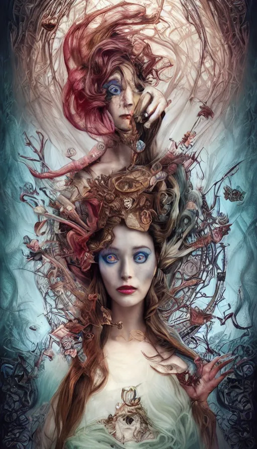 Image similar to twisted alice in wonderland, fame of thrones, lord of daggers, neon, fibonacci, sweat drops, intricate fashion clothing, insane, intricate, highly detailed, surrealistic, digital painting, artstation, concept art, smooth, sharp focus, illustration, Unreal Engine 5, 8K, art by artgerm and greg rutkowski and alphonse mucha