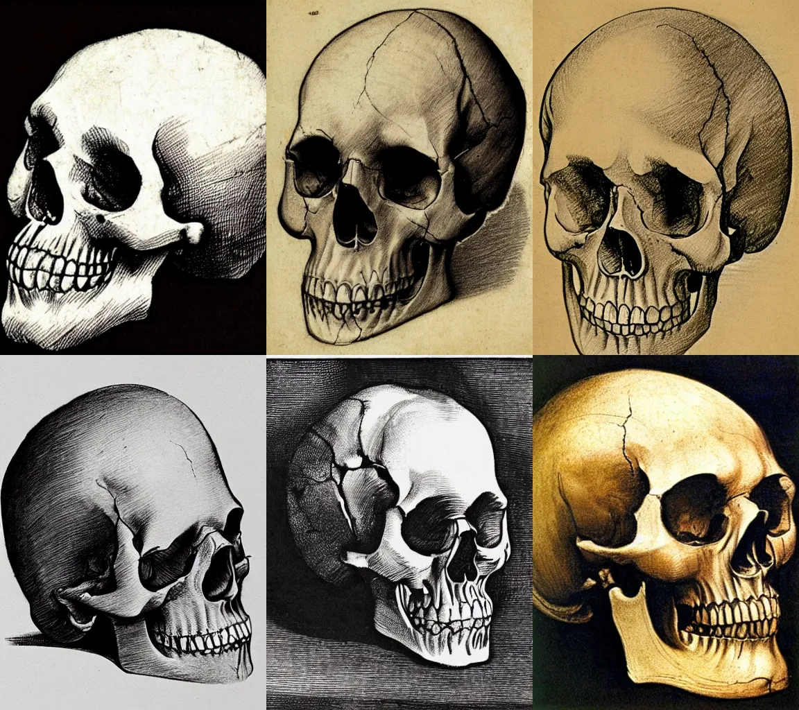 Prompt: a leonardo davinci drawing of a human skull centered composition