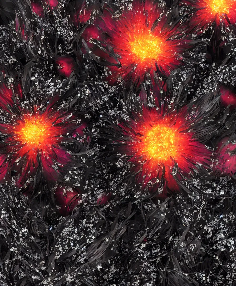 Prompt: close up, hyper realistic black flowers with fire texture on the petals in the garden, beaultiful background, vibrant colors, bokeh, illustrated by greg rutkowski, beautiful volumetric lighting, intricate, ultra detailed, photorealistic, trending on artstation, octane render, 8 k