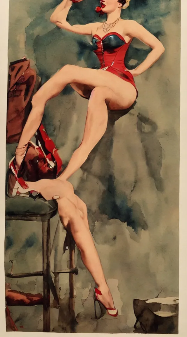 Prompt: a portrait full body pin up post war dressing a military unioform,with, water color, Gil Elvgren style
