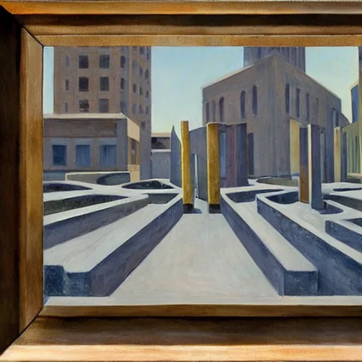 Image similar to first person view of a stark concrete maze, people peering into portholes, grant wood, pj crook, edward hopper, oil on canvas