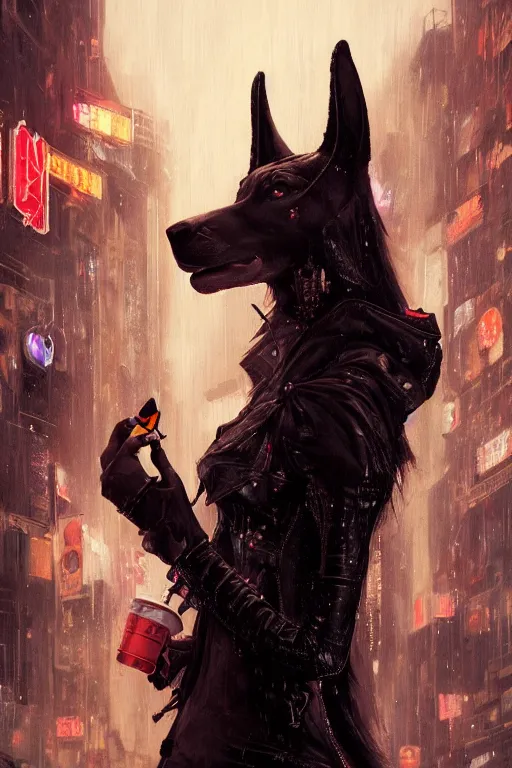 Image similar to beautiful portrait of a tall female anthro anubis smoking a cigarette in a bustling crowd of a rainy city street, goth punk clothes, cyberpunk, harsh neon lights, highly detailed, sharp focus, digital painting, illustration, trending on artstation, art by sakimichan, wlop, greg rutkowski