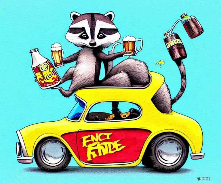 Image similar to cute and funny, racoon drinking beer wearing a helmet riding in a tiny hot rod coupe with oversized engine, ratfink style by ed roth, centered award winning watercolor pen illustration, isometric illustration by chihiro iwasaki, edited by range murata