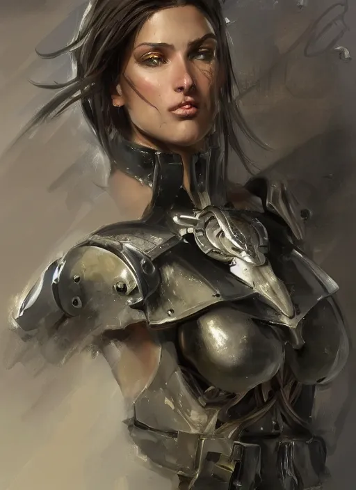 Prompt: a professionally painting of an attractive young female, partially dressed in military armor, olive skin, long dark hair, beautiful bone structure, perfectly proportioned, symmetrical facial features, intricate, elegant, heroic pose, digital painting, concept art, illustration, sketch-like, sharp focus, finely detailed, from Metal Gear, by Ruan Jia and Mandy Jurgens and William-Adolphe Bouguerea, trending on Artstation, award winning