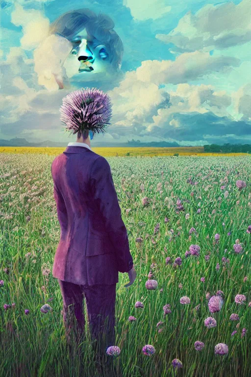 Prompt: portrait, huge thistle flower as head, a girl in a suit in field of flowers, surreal photography, sunrise, blue sky, dramatic light, impressionist painting, digital painting, artstation, simon stalenhag