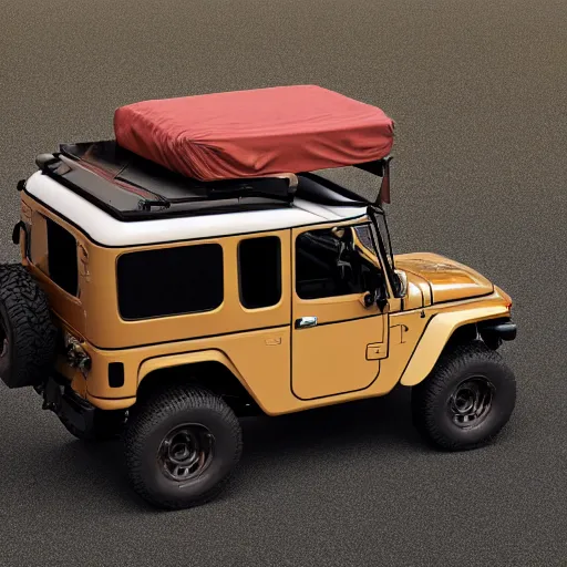 Image similar to in the style of Leonardo da Vinci a Toyota Fj43 build in 1981, black roof, with a roof rack, detailed, 8K, octane render, 8K,