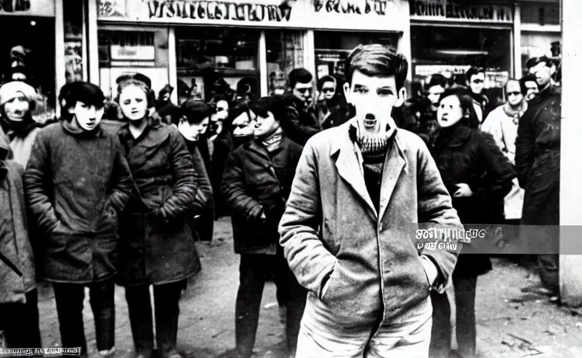 Prompt: ernst ludwig, a frightened young man in a street surrounded by people who have no eyes. people are watching crt televisions in every shop s 1 5 0