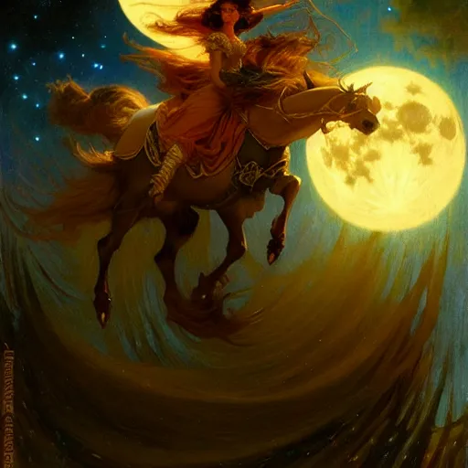 Image similar to attractive witch magically flying trough the night, fantasy, full moon in background. highly detailed painting by gaston bussiere, craig mullins, j. c. leyendecker 8 k