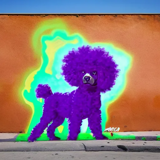 Image similar to a graffiti art of a purple dog with afro hair in the streets of los angeles, hd, 8 k, hyper realistic, hyper detailed,