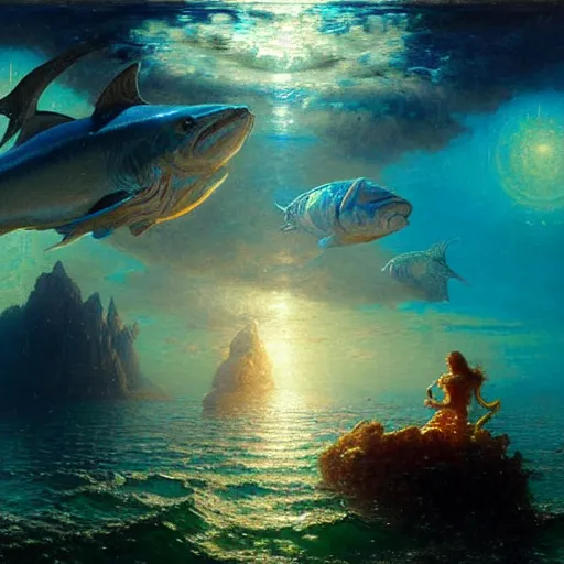 Image similar to point of view of deep in the ocean looking up, you see fishes, higher up you see the splendorous milk way illuminating the sea. highly detailed painting by gaston bussiere, greg rutkowski 8 k