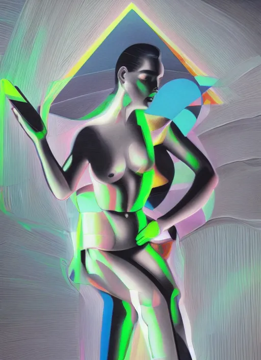 Image similar to futuristic lasers tracing, colorsmoke, fullbodysuit, pyramid hoodvisor, raindrops, wet, oiled, beautiful cyborg girl aphrodite pinup, by steven meisel, kaws, rolf armstrong, cubist perfect geometry abstract acrylic, octane hyperrealism photorealistic airbrush collage painting, monochrome, neon fluorescent colors, minimalist rule of thirds, eighties eros