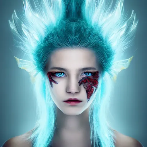 Prompt: beautiful portrait of young girl half dragon half human, dragon girl, dragon skin, dragon eyes, dragon crown, blue hair, long hair, highly detailed, cinematic lighting, by David Lynch