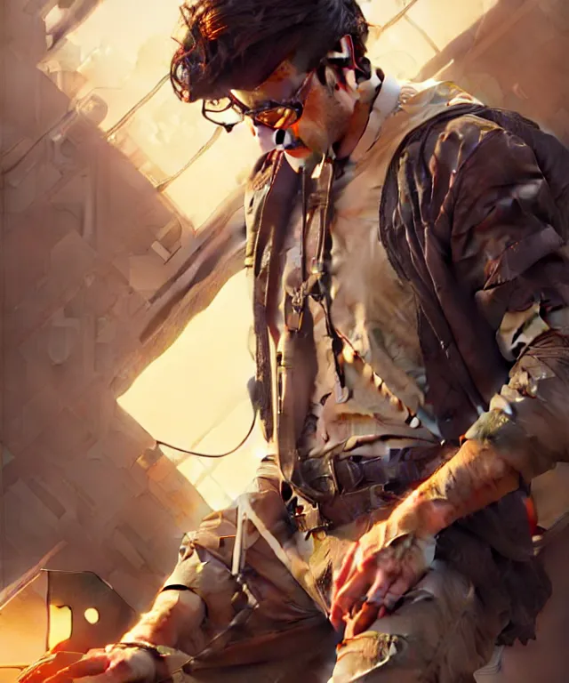 Image similar to Hacker man hacks computer, highly detailed, digital painting, artstation, concept art, smooth, sharp focus, illustration, art by artgerm and greg rutkowski and alphonse mucha