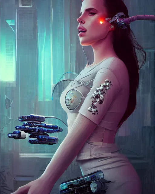 Image similar to portrait of lana del rey as a cyberpunk cyborg. roses, sci - fi, missing panels, intricate abstract, upper body, intricate artwork, by tooth wu, wlop, beeple, dan mumford. concept art, 8 k octane render, deviantart, greg rutkowski, cinematic, key art, hyperrealism, iridescent accents