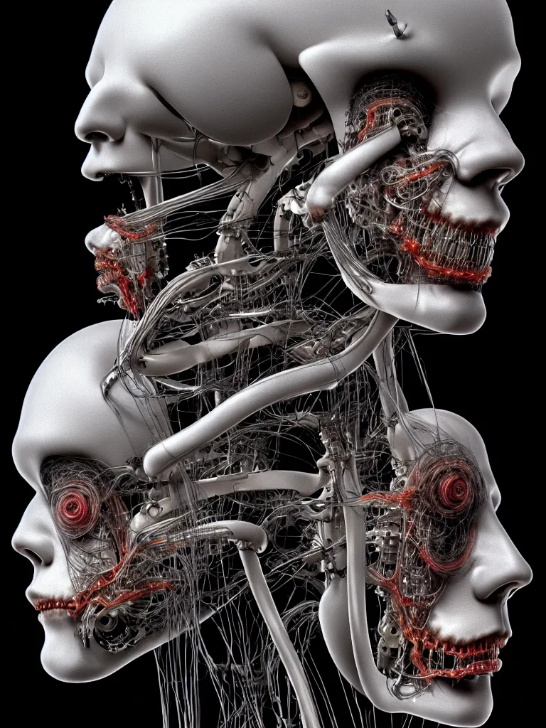 Image similar to portrait of neural nightmares by yoshitaka amano and HR Giger, detailed face face face face, facial structure, hd, 8k, very very very very electronic, biomechanical, biology, bio, neural machine, single subject, terror