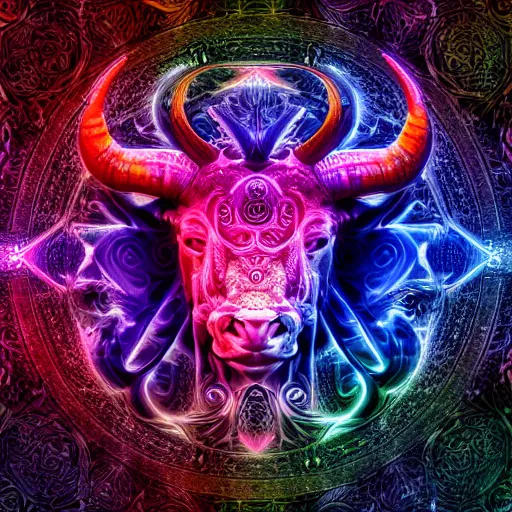 Image similar to Photorealistic physical manifestation of the zodiac taurus. Hyperdetailed photorealism, 108 megapixels, amazing depth, sharp focus, psychedelic overtones, 10k resolution, beautiful glowing colors