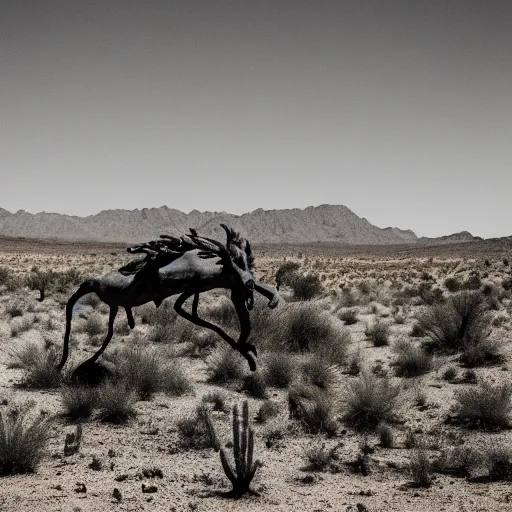 Prompt: photorealistic demonic creatures in the desert, film grain, washed out