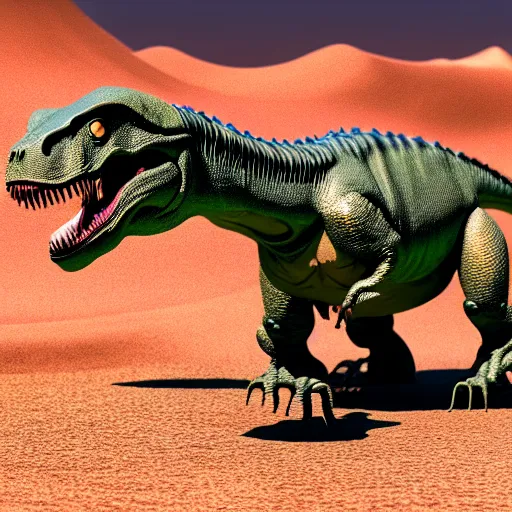 Prompt: an alien t-rex in an unknown planet, photorealistic, 8K