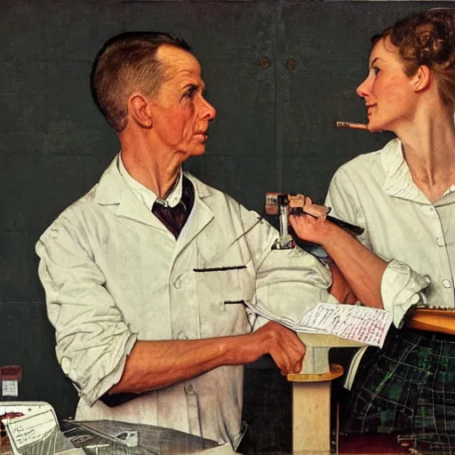 Prompt: male and female scientists in love with each other instead of researching, by norman rockwell