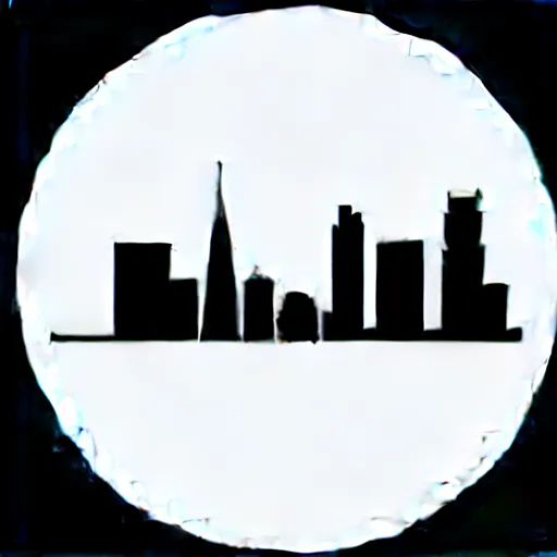 Image similar to a perfect circle, around the outer edge of the circle is the silhouette of a city skyline, inside the circle is empty, black and white, minimalist, in the style of a line drawing