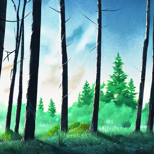 Prompt: gouache style, forest lanscape panorama by pixar by makoto shinkai