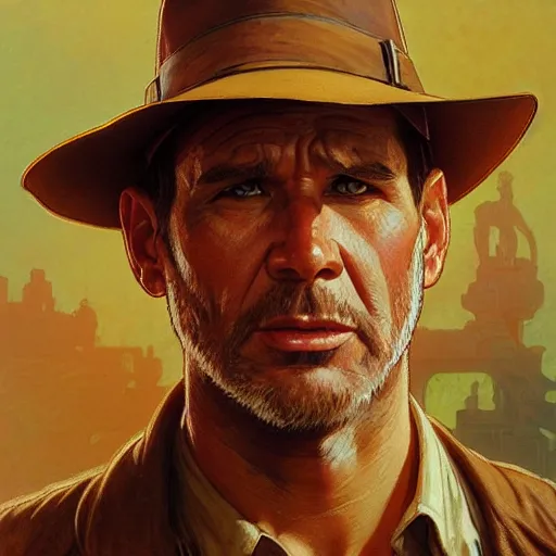 Prompt: portrait of indiana jones, intricate, headshot, highly detailed, digital painting, artstation, concept art, sharp focus, cinematic lighting, illustration, art by artgerm and greg rutkowski, alphonse mucha, cgsociety,