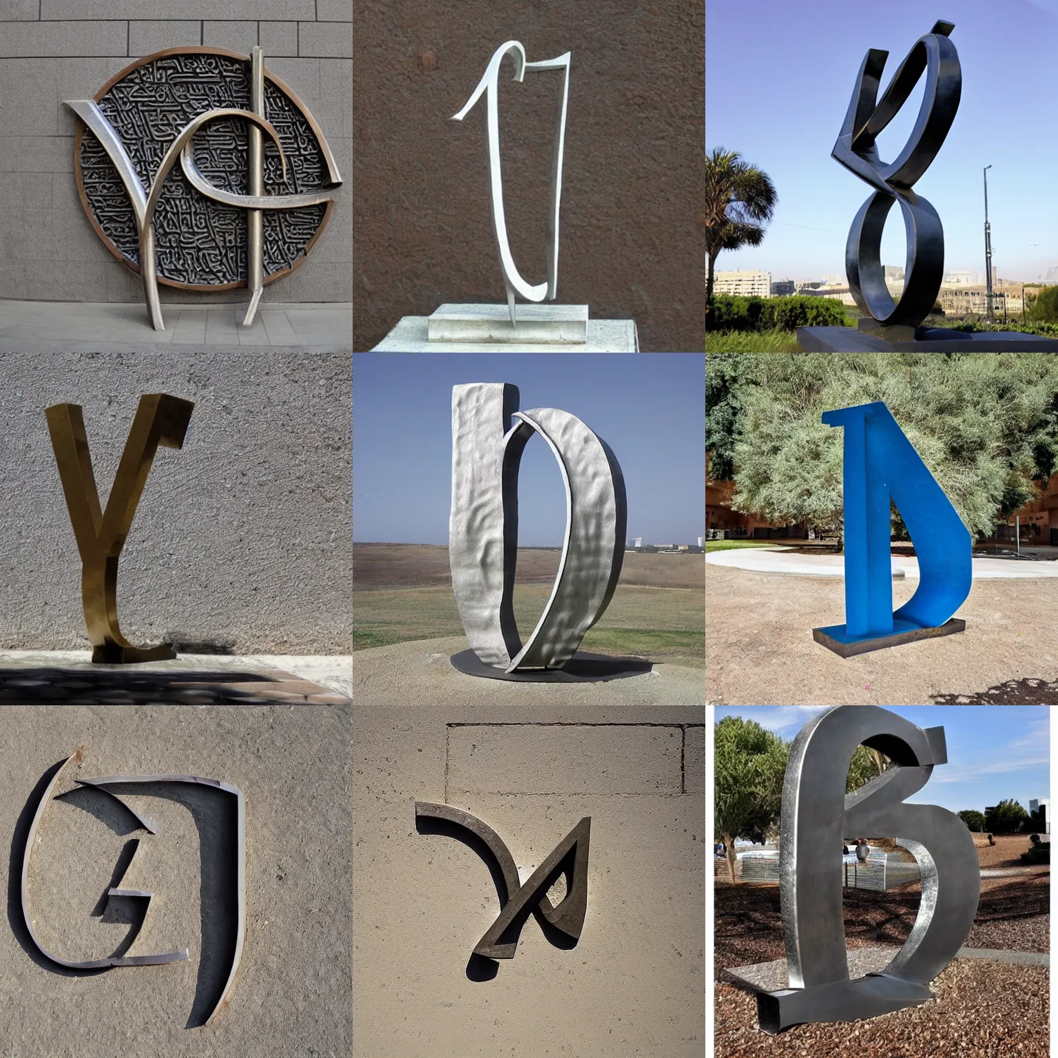 Prompt: sculpture of the the first letter of the hebrew alphabet made out of metal