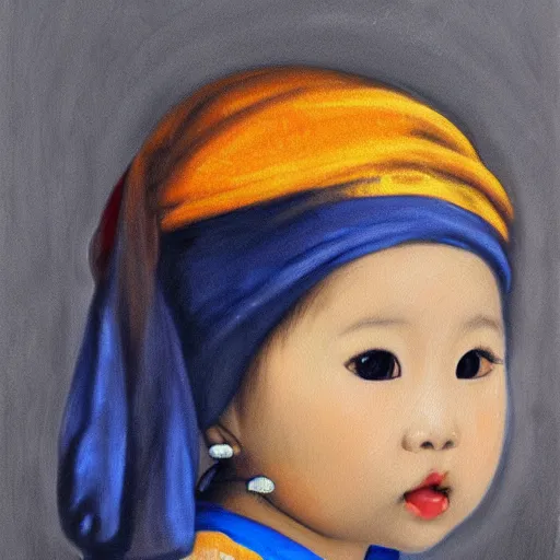 Prompt: A portrait of a lovely Asian baby girl imitating Girl with a Pearl Earring, detailed oil painting, dark background, 4k,