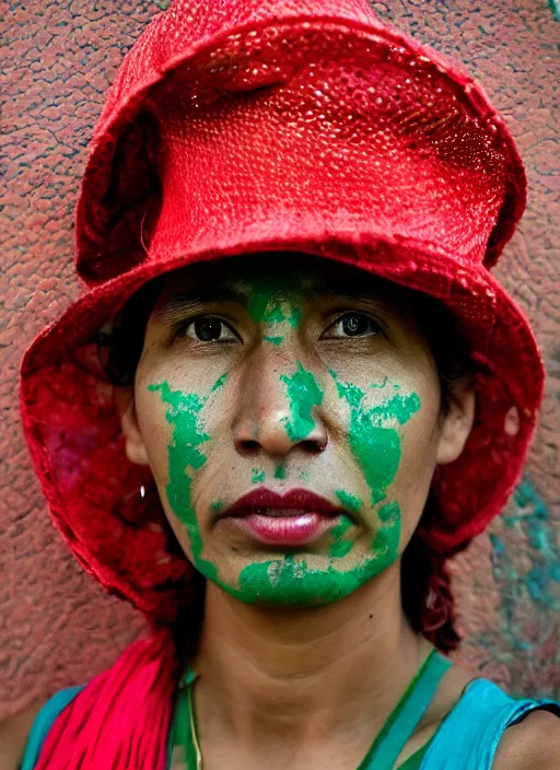Prompt: Mid-shot portrait of a stylish 30-year-old woman from Guatemala, candid street portrait in the style of Martin Schoeller, strong red and greens, award winning, Sony a7R