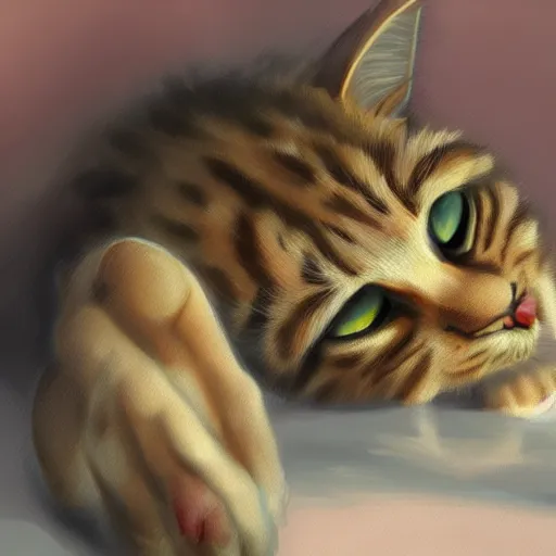 Image similar to a painting of cute tabby cat laying on the ground, a digital painting by nyuju stumpy brown, featured on pixiv, furry art, detailed painting, digital painting, speedpainting