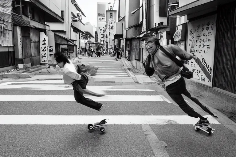 Image similar to conan is running towards freedom by skateboarding on the streets of beikacho, tokyo, japan, by aoyama gangchang.