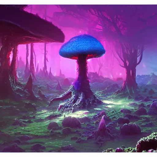 Prompt: concept art painting of a fantasy alien fungal landscape at night, magenta trees, glowing blue mushrooms, dark purple sky, realistic, detailed, cel shaded, in the style of makoto shinkai and greg rutkowski and albert bierstadt and james gurney