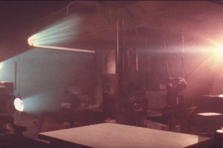 Prompt: a grainy technicolor shot on arri alexa with zeiss prime 8 0 mm lens, 4 k cinematic lensflare 1 9 8 0's cronenberg, carpenter horror science fiction movie interior, cinemascope