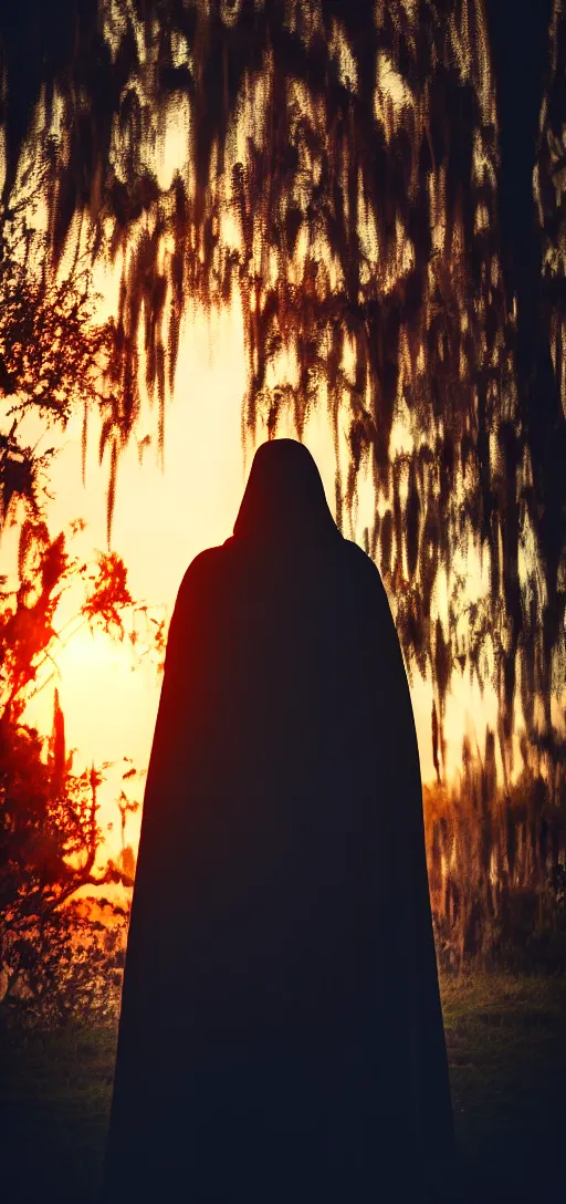 Prompt: photo of mystery figure in a long robe looks into the camera, dark fantasy, cinematic, volumetric lighting, epic composition, high detail, dark fantasy, sunset, swamp