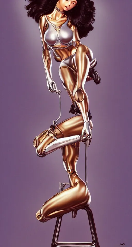 Image similar to beauty Alita woman sitting on a stool, dramatic lighting, mechanical details, electrical details, high details, 4k, 8k, trending on artstation, by Hajime Sorayama and Boris Vallejo