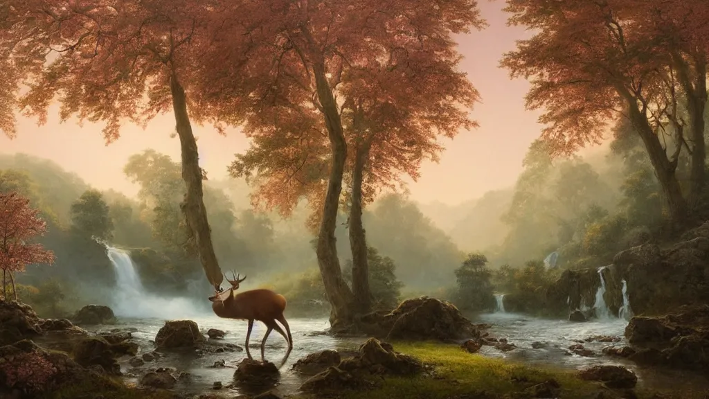 Image similar to the most beautiful panoramic landscape, oil painting, where a giant dreamy waterfall creates a river, the trees around are starting to bloom in pink colors, a majestic deer is in close - up and it is under a giant tree while it is exhaling steam, the ray lights of the sunrise are brightening him, by greg rutkowski